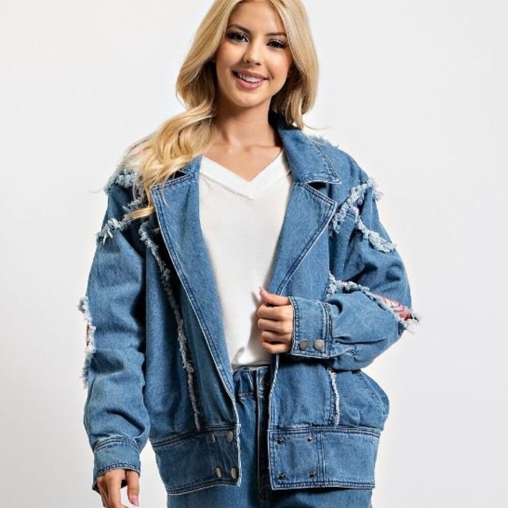 Easel Distressed Blue Denim Jacket NWOT. BRAND NEW. Large. - Picture 3 of 5